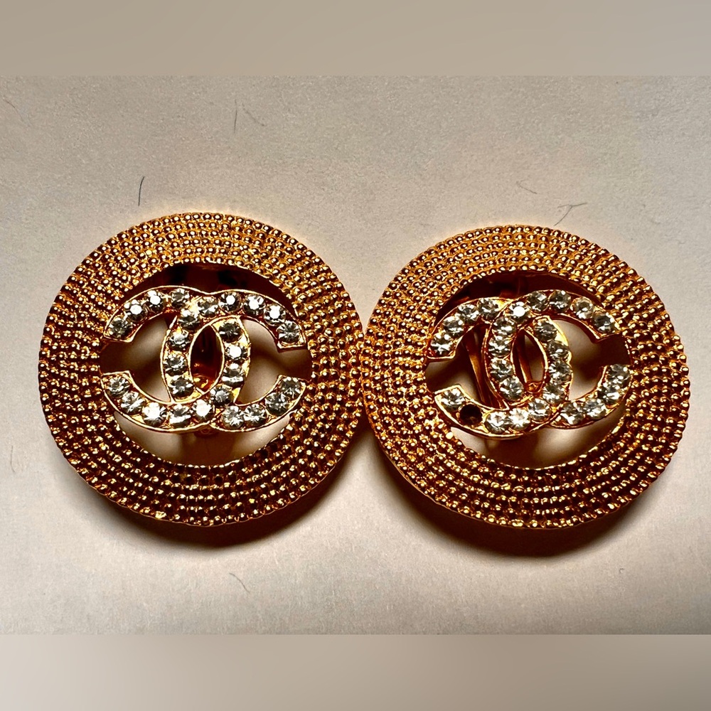 Gold vintage Clip‑On Earrings with Crystal CC Motif – No Brand Stamp